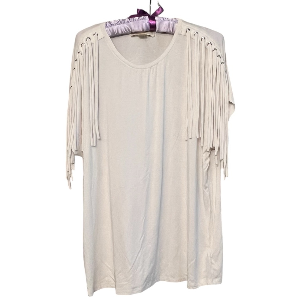 Michael Kors size XL white scoop short sleeve tee with Fringe detail